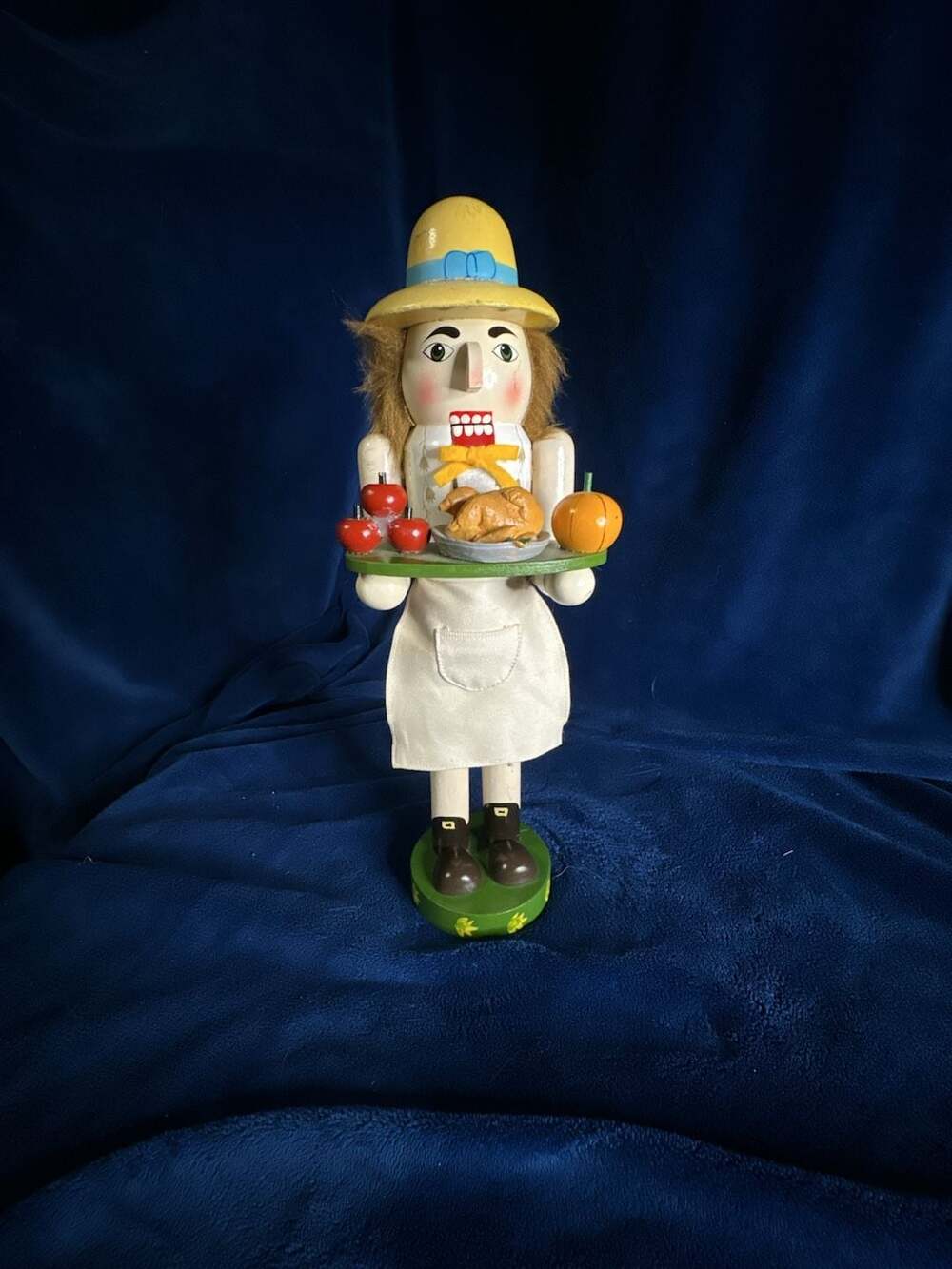 Vintage Thanksgiving Harvest Farmer Nutcracker Holding Turkey and Produce Tray